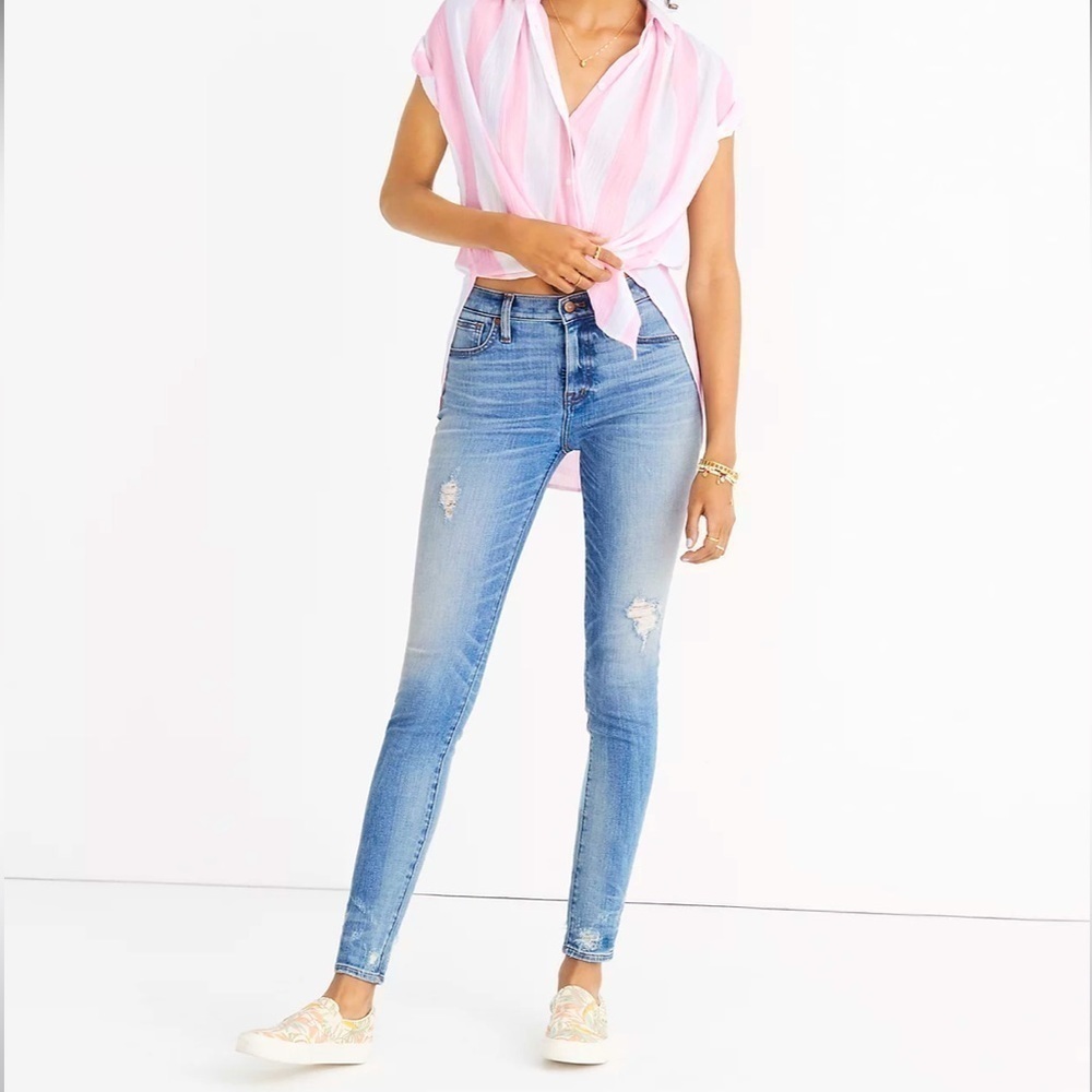 NWT Madewell 9" High-Rise Skinny Jeans Destructed-Hem Whisker Medium Wash SZ 27